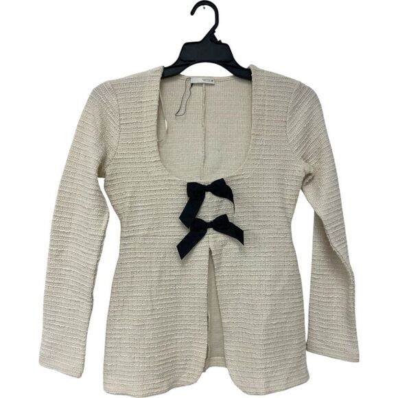 Zara Womens Sweater Bows M Medium Ivory Textured Long Sleeve 5039/153 NWOT - Picture 2 of 10